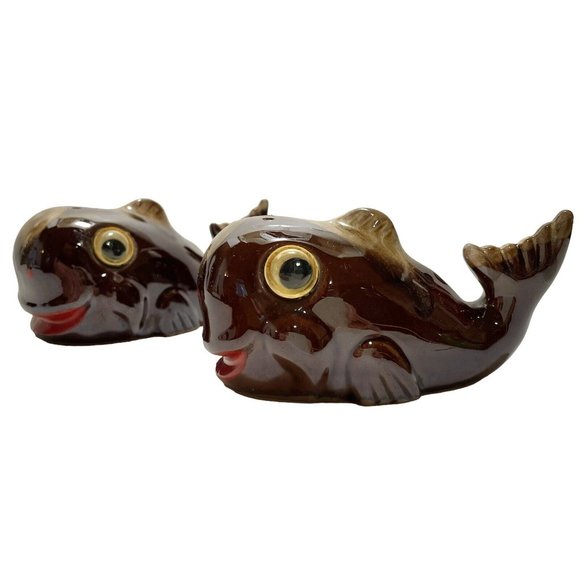 Vintage 1950s Redware Pottery Whales Googly Eyes Japan Brown Drip Salt Pepper - Picture 1 of 11
